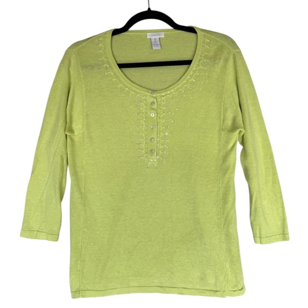 Chicos Blouse Top Womens Size 0 4 Small Lime Green Linen Blend‎ Beaded Boho Chic